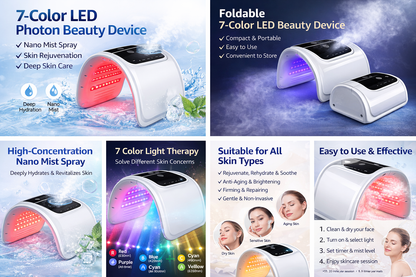 7-Color LED Photon Beauty Device with Nano Mist Spray – Foldable Infrared Light Therapy Skin Rejuvenation Machine for Home Use
